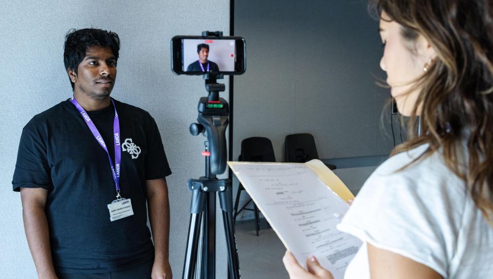 Learners performing a self-tape on LAMDA's Screen Acting course